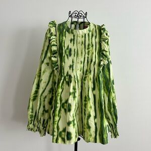 Green Tie-Dye Ruffle Blouse